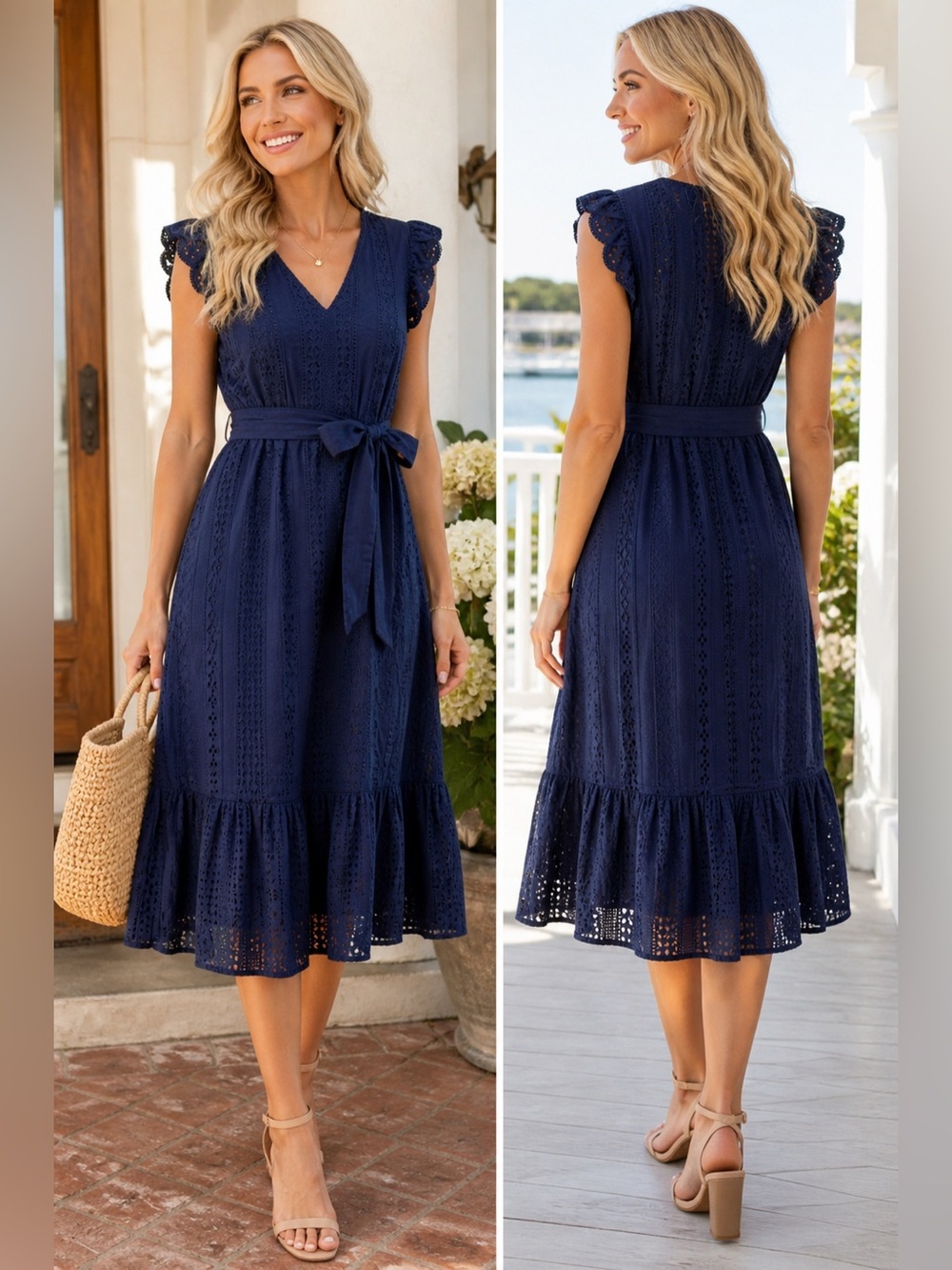J. Crew Navy Eyelet V-Neck Midi Dress with Waist Tie